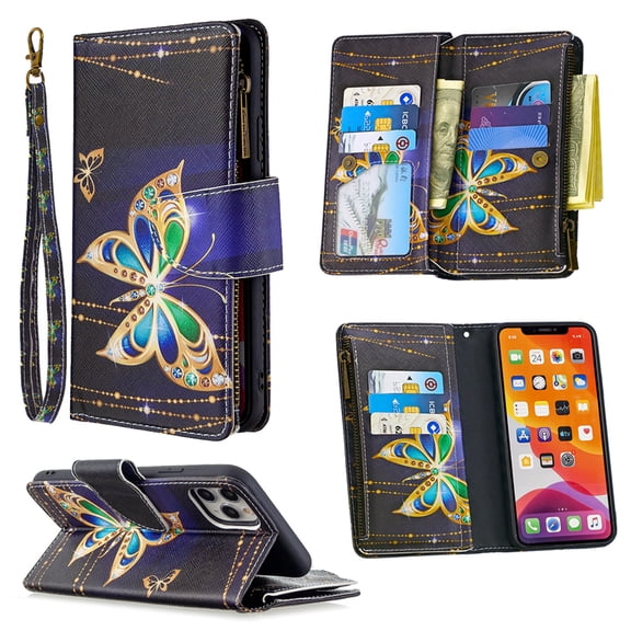 Dteck For Apple iPhone 11 6.1 inch Magnetic Patterned Leather Wallet Zipper Card Holder Stand Strap Case Cover,Big Butterfly