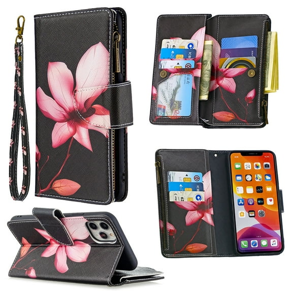 Dteck For Apple iPhone 11 6.1 inch Magnetic Patterned Leather Wallet Zipper Card Holder Stand Strap Case Cover,Flower