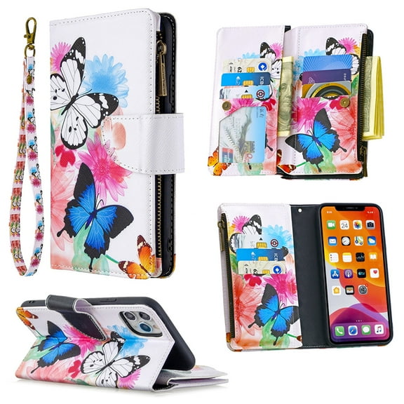 Dteck For Apple iPhone 11 Pro 5.8 inch Magnetic Patterned Leather Wallet Zipper Card Holder Stand Strap Case Cover,Butterfly