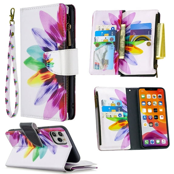 Dteck For Apple iPhone 11 Pro 5.8 inch Magnetic Patterned Leather Wallet Zipper Card Holder Stand Strap Case Cover,Half Flower
