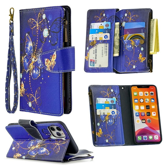 Dteck For Apple iPhone 11 Pro 5.8 inch Magnetic Patterned Leather Wallet Zipper Card Holder Stand Strap Case Cover,Purple Butterfly
