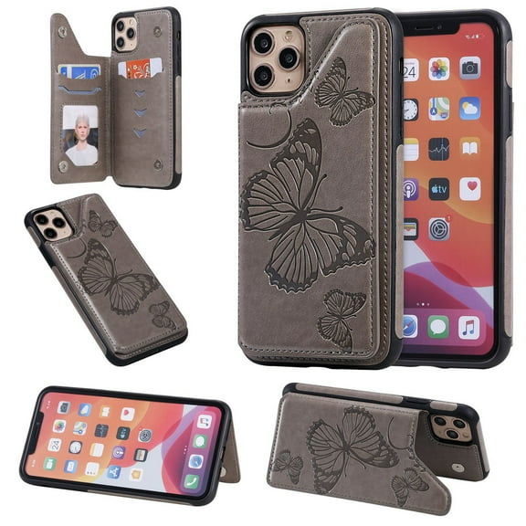 Dteck For Apple iPhone 11 Pro Max 6.5 inch Magnetic PU Leather Wallet Case Shockproof Rubber Card Holder Flip Butterfly Patterned Cover,Gray