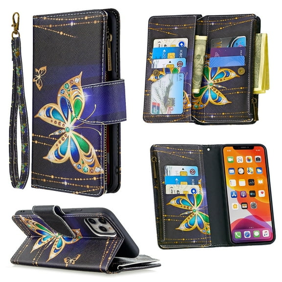 Dteck For Apple iPhone 11 Pro Max 6.5 inch Magnetic Patterned Leather Wallet Zipper Card Holder Stand Strap Case Cover,Big Butterfly