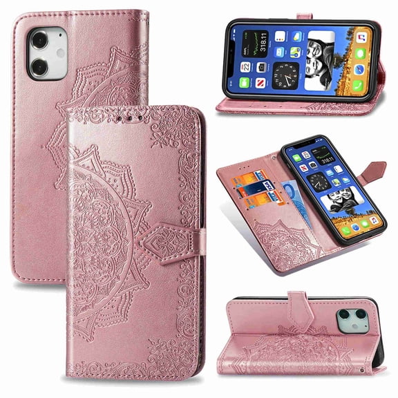 Dteck For Apple iPhone 12 Mini 5.4" [Flower Embossed] PU Leather Wallet Flip Folio Protective Case Cover with Card Holder and Stand, Rosegold