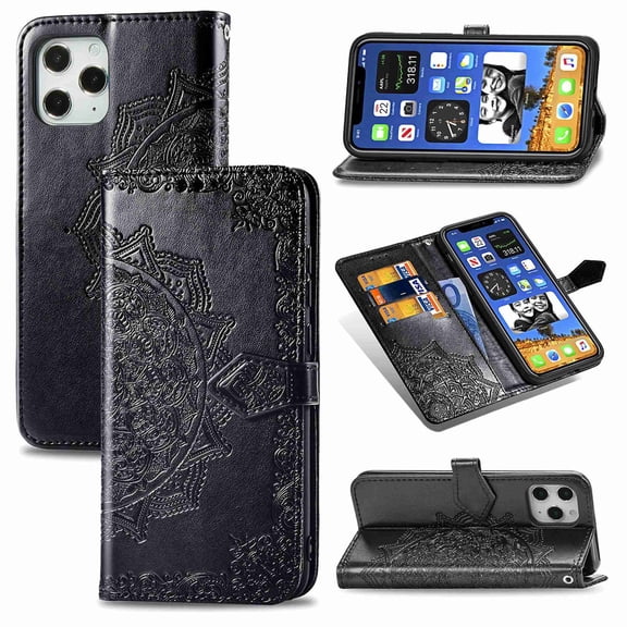 Dteck For Apple iPhone 12 Pro / 12 6.1" [Flower Embossed] PU Leather Wallet Flip Folio Protective Case Cover with Card Holder and Stand, Black