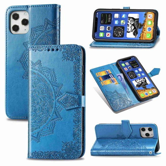 Dteck For Apple iPhone 12 Pro / 12 6.1" [Flower Embossed] PU Leather Wallet Flip Folio Protective Case Cover with Card Holder and Stand, Blue