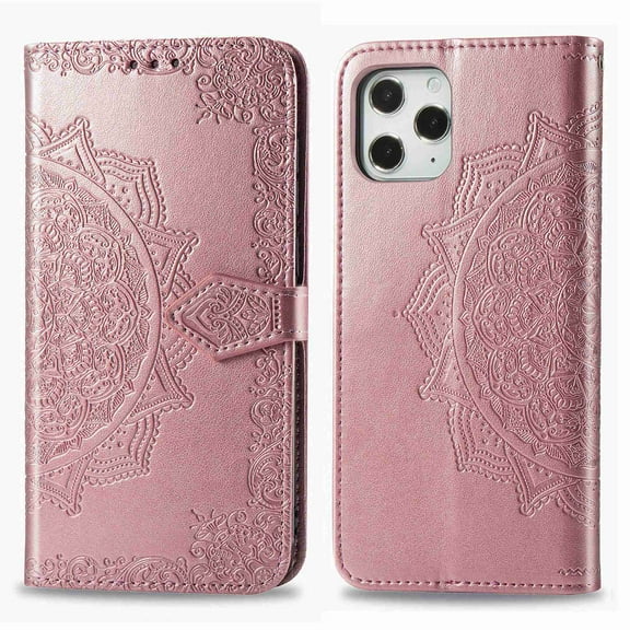 Dteck For Apple iPhone 12 Pro / 12 6.1" [Flower Embossed] PU Leather Wallet Flip Folio Protective Case Cover with Card Holder and Stand, Rosegold