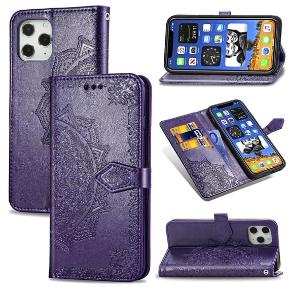 Dteck For Apple iPhone 12 Pro Max 6.7" [Flower Embossed] PU Leather Wallet Flip Folio Protective Case Cover with Card Holder and Stand, Purple