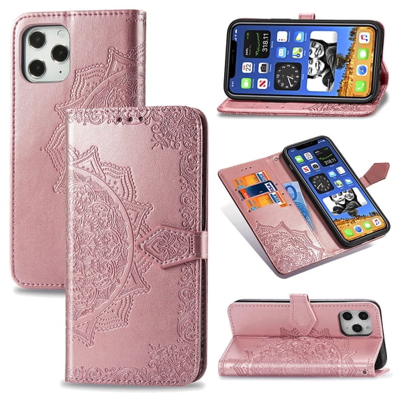 Dteck For Apple iPhone 12 Pro Max 6.7" [Flower Embossed] PU Leather Wallet Flip Folio Protective Case Cover with Card Holder and Stand, Rosegold