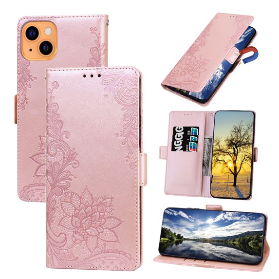 Dteck For Apple iPhone 14 6.1 inch 2022 Wallet Case,Luxury PU Pattern Embossed Shockproof Magnetic Kickstand Flip Card Slots Protective Cover with Wrist Strap.For iPhone 14,Rosegold