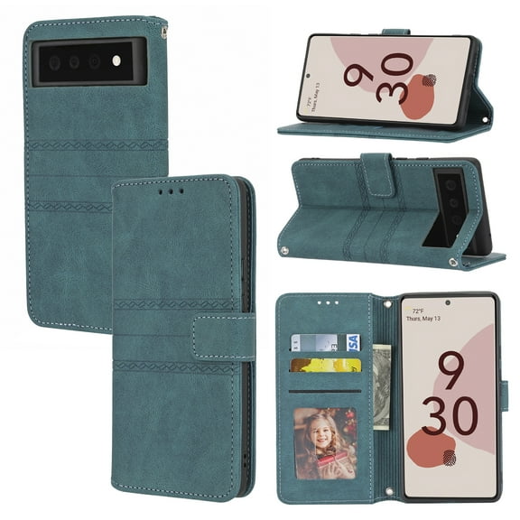 Dteck For Google Pixel 6,Shockproof Wallet Card Slot Holder Detachable Wrist Strap Full Body Protector Case Cover,Darkgreen
