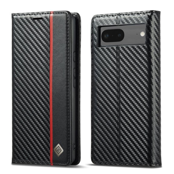 Dteck For Google Pixel 9 Pro XL Magnetic Carbon Fiber Leather Case with Card Holder for Men and Women, Folio Flip Cover with RFID Blocking, #2 Black