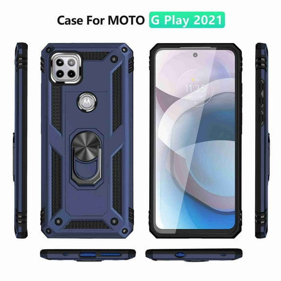 Dteck For Motorola Moto One 5G Ace Shockproof Dual Layers Rotatable Ring Kickstand Drop Protection Cover Compatible with Magnetic Car Mount, Blue