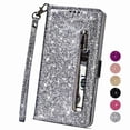 thumbnail image 1 of Dteck For Samsung Galaxy A50, Bling Wallet Case for Women, 3 Card Holder Folio Flip Glitter Pu Leather Folding Stand Magnetic Purse Case with Strap Zipper Coin Change Money Pocket , Silver, 1 of 1