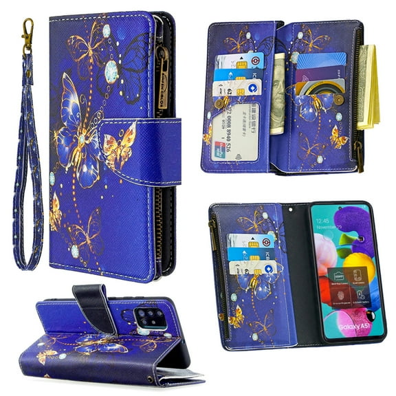 Dteck For Samsung Galaxy A51 4G Magnetic Patterned Leather Wallet Zipper Card Holder Stand Shockproof Case Cover ,Purple Butterfly