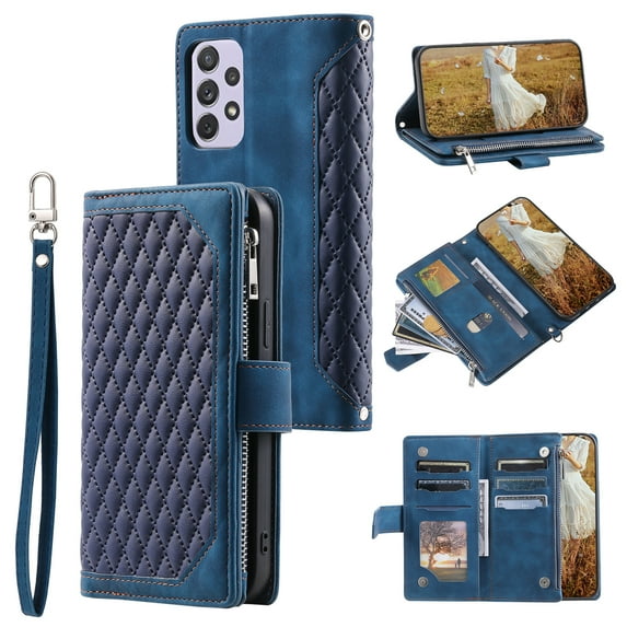 Dteck For Samsung Galaxy A53 5G,Shockproof Magnetic Zipper Wallet Card Slot Stand Hand Strap Case Cover,Blue