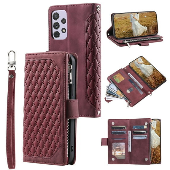 Dteck For Samsung Galaxy A53 5G,Shockproof Magnetic Zipper Wallet Card Slot Stand Hand Strap Case Cover,Winered