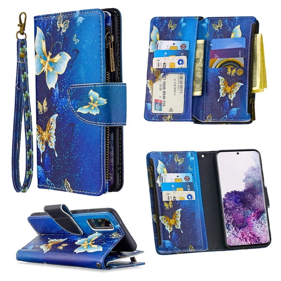 Dteck For Samsung Galaxy S20 6.2 inch Magnetic Patterned Leather Wallet Zipper Card Holder Stand Case Cover,Gold Butterfly