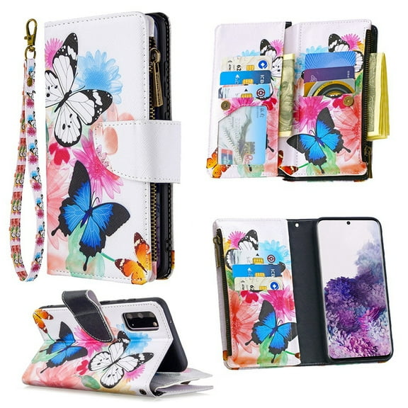 Dteck For Samsung Galaxy S20 Ultra 6.9 inch Magnetic Patterned Leather Wallet Zipper Card Holder Stand Case Cover,Butterfly