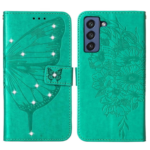 Dteck For Samsung Galaxy S21 FE Flip Wallet Stand Case,360 Protection Shockproof Luxury Diamond Embossed Butterfly PU Leather+Hand Strap Cover.For Samsung Galaxy S21 FE,Green