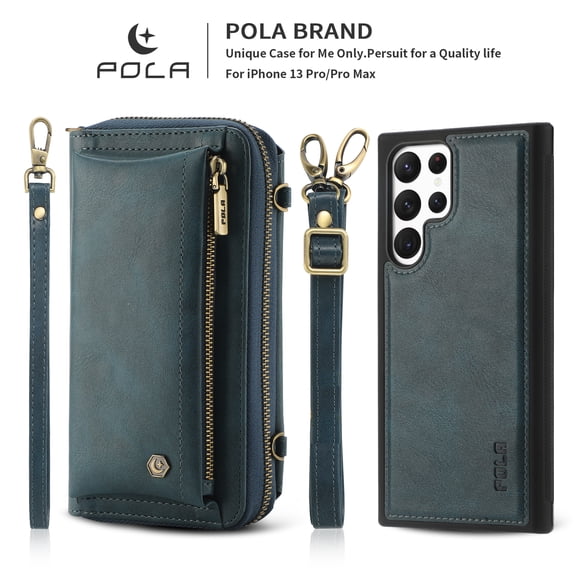 Dteck For Samsung Galaxy S22 Plus Wallet Case 6.6 Inch,Zipper Leather Card Slots Wrist Strap Cross body Protector Phone Case Cover,Blue