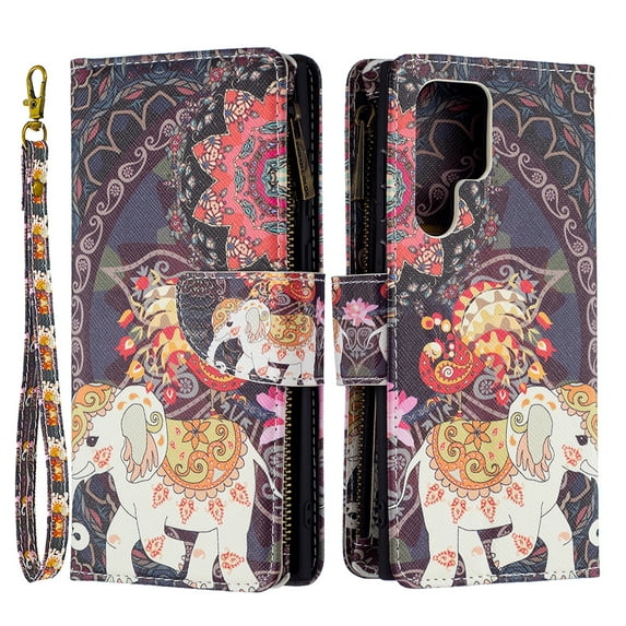 Dteck For Samsung Galaxy S23 Ultra Case Wallet with Credit Card Slots Zipper Pocket Cute Pattern PU Leather Folio Flip Case with Wrist Strap for Samsung Galaxy S23 Ultra,Elephant