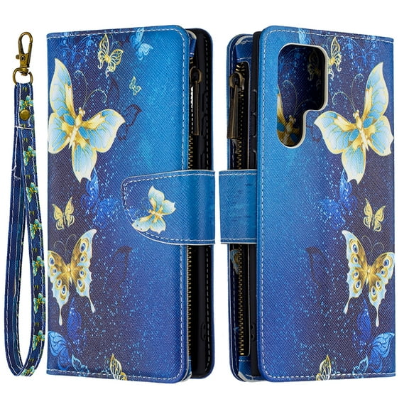 Dteck For Samsung Galaxy S23 Ultra Case Wallet with Credit Card Slots Zipper Pocket Cute Pattern PU Leather Folio Flip Case with Wrist Strap for Samsung Galaxy S23 Ultra,Gold Butterfly