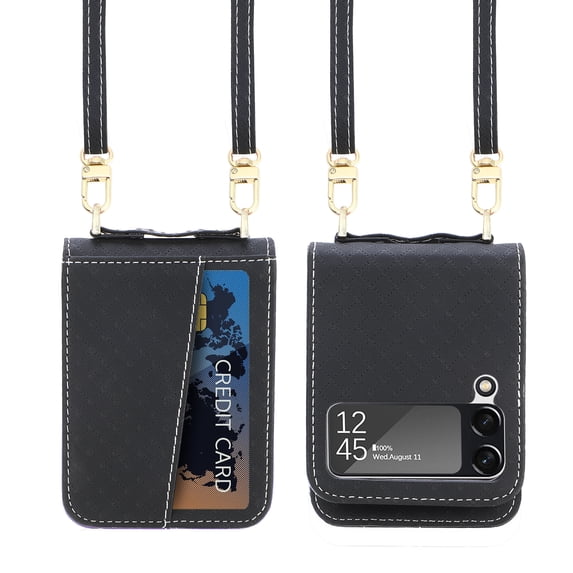 Dteck For Samsung Galaxy Z Flip4,Shockproof Artificial Leather Adjustable Shoulder Strap Case Cover,Black