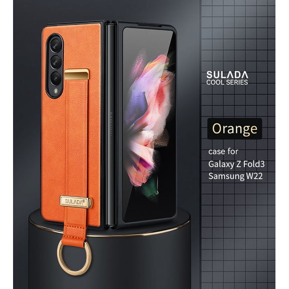 Dteck For Samsung Galaxy Z Fold3 5G Case with Hand Strap Holder, Shockproof Premium PU Leather Slim Flip Protective Case Adjustable Wristband Stand Ring Cover, orange