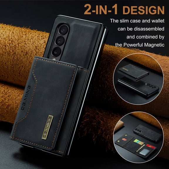 Dteck For Samsung Galaxy Z Fold3 5G Magnetic Case, Retro PU Leather Wallet Case Detachable with Trifold Wallet Cash Slot Credit Cards Holder Pocket, gray