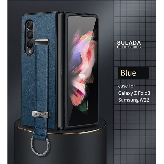 Dteck For Samsung Galaxy Z Fold4 5G Case with Hand Strap Holder, Shockproof Premium PU Leather Slim Flip Protective Case Adjustable Wristband Stand Ring Cover, darkblue