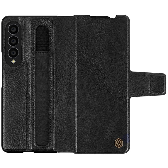 Dteck For Samsung Galaxy Z Fold4,Shockproof Artificial Leather Kickstand PC Frame with S Pen Holder Case Cover,Black