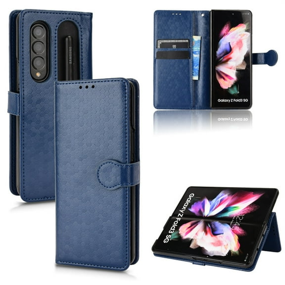 Dteck For Samsung Galaxy Z Fold4,Shockproof Card Slot Holder Stand With S Pen Holder Case Cover,Blue