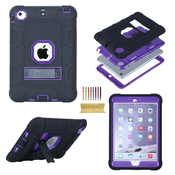 Dteck For iPad mini 1 2 3 Shockproof Protective Stand Heavy Hybrid Rubber Back Case Cover (not fit mini 4/5), Black+Purple