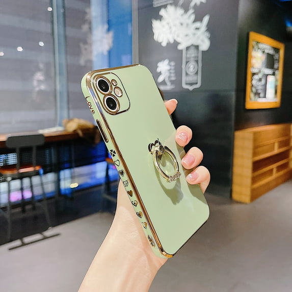 Dteck For iPhone 11,6.1 inch,Slim Plating Shockproof Love Heart Patterned Ring Stand Case Cover,Mint
