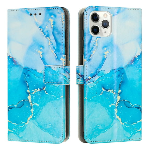 Dteck For iPhone 11 Pro,Shockproof Marble Patterned Wallet Kickstand Card Slot Flip Leather Case Cover,Blue
