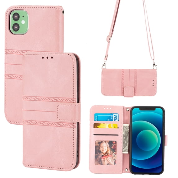Dteck For iPhone 12,Hybrid Shockproof Wallet Stand Flip Leather Shoulder Strap Card Slot Full body protection 6.1",Pink