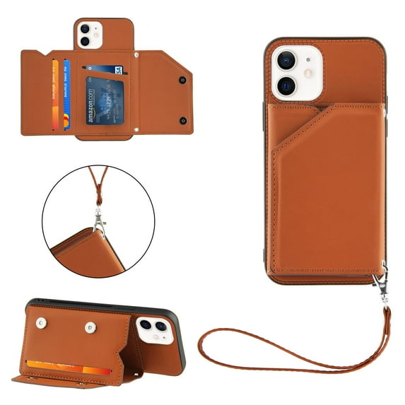 Dteck For iPhone 12,Shockproof Wallet Stand Card Slots Wristband PU Leather Case Cover,Brown