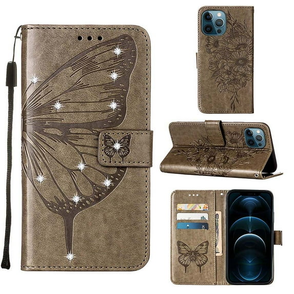 Dteck For iPhone 13 6.1 inch Wallet Case,Diamond Embossed Butterfly PU Leather Full Body Protection Flip Folio Credit Card Slots Holder Kickstand Shockproof TPU Cover.For iPhone 13,Gray