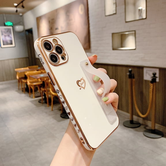 Dteck For iPhone 13 Pro Max 6.7 inch,Slim Rubber Shockproof Love Heart Pattern Wristband Kickstand Case Cover,White