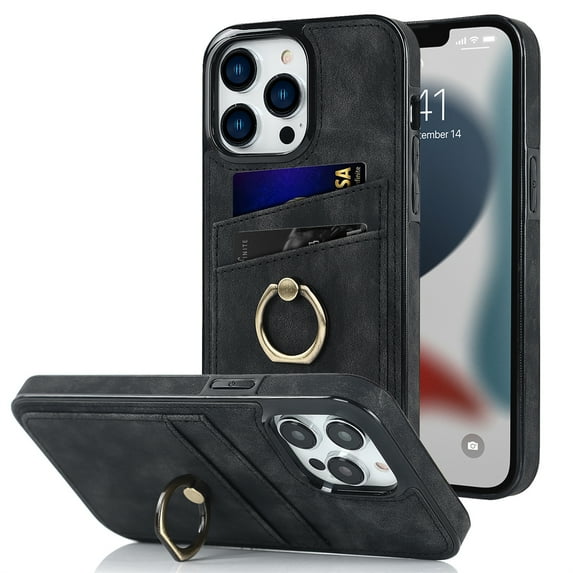 Dteck For iPhone 13 Pro Max,Shockproof Artificial Leather Ring Holder Stand Card Slot Case Cover,Black