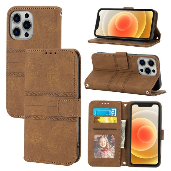 Dteck For iPhone 14 6.1 inch Card Slot Case,360 Protection Luxury PU Leather Magnetic Closure Flip Folio Wallet Kickstand Shockproof Cover with Adjustable Shoulder Strap.For iPhone 14,Brown