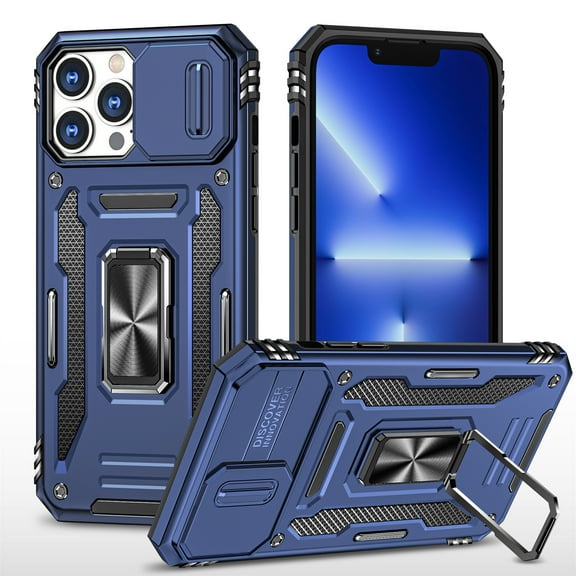 Dteck For iPhone 14 Pro Max,Slim Armor Magnetic Shockproof Slide Camera Lens Protector Ring Stand Case Cover,Navyblue