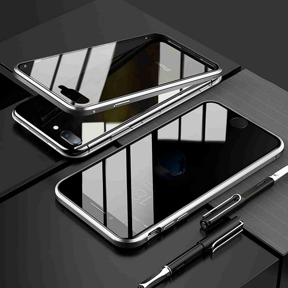 Dteck For iPhone 7 Plus / 8 Plus Privacy Glass Case Double Sided 9H Glass Slim Magnet Absorption Metal Bumper Frame Shockproof Protective Case , Silver