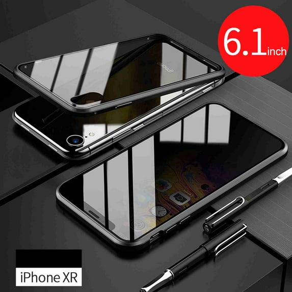 Dteck For iPhone XR Privacy Glass Case Double Sided 9H Glass Slim Magnet Absorption Metal Bumper Frame Shockproof Protective Case , Black