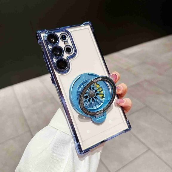 Dteck Four Corners Anti Drop Phone Case for Samsung Galaxy S25 Plus, Shockproof Electroplated Plating Ring Stand Clear TPU + Hard PC Back Phone Covers, Blue