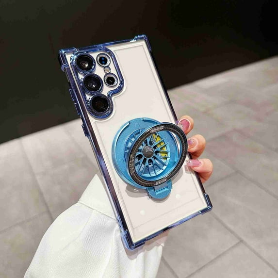 Dteck Four Corners Anti Drop Phone Case for Samsung Galaxy S25, Shockproof Electroplated Plating Ring Stand Clear TPU + Hard PC Back Phone Covers, Blue