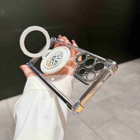 Dteck Four Corners Anti Drop Phone Case for Samsung Galaxy S25, Shockproof Electroplated Plating Ring Stand Clear TPU + Hard PC Back Phone Covers, White