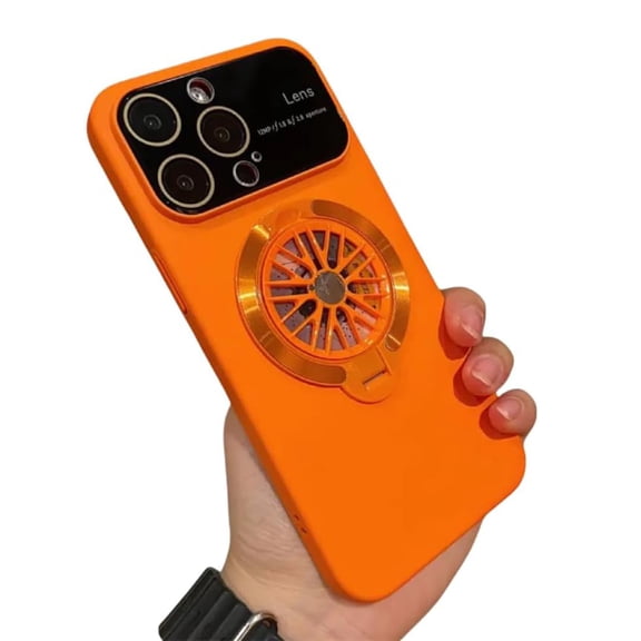 Dteck Frosted Rotating Large Window Stand for iPhone 17 Phone Case, Shockproof Large Window Full Coverage Lens Protection Cover with 360° Rotating Ring Stand Case, Orange
