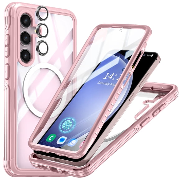 Dteck Full Body Case with Camera Lens Protector for Samsung Galaxy S24,Magnetic TPU Case Built-in Screen Protector Compatible with MagSafe Shockproof Cover,Pink
